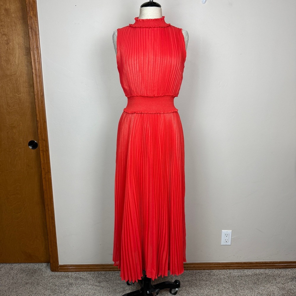 Nanette Lepore Maxi Dress Women 6 Orange Pleated Smocked Waist Ruffle High Neck